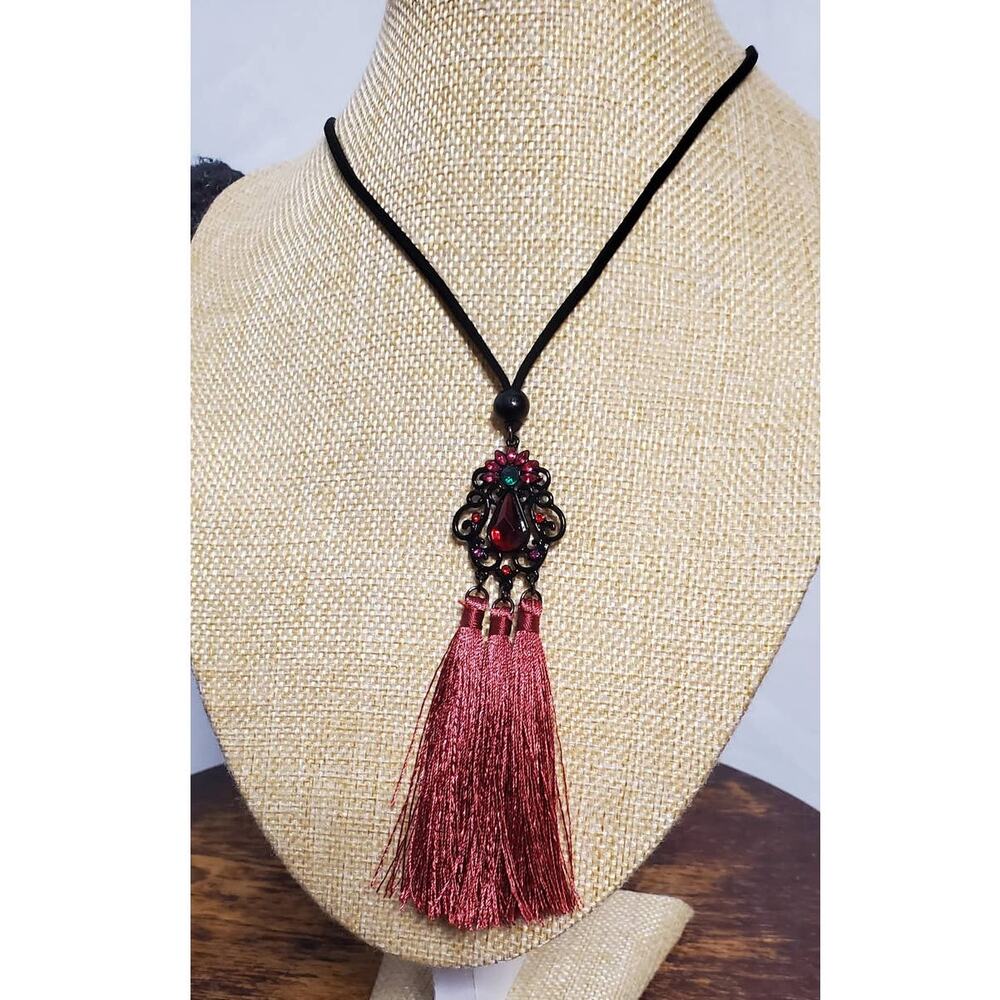 🪶 Boho Gothic Crimson Rhinestone Filigree Silk Tassel Long Statement Necklace